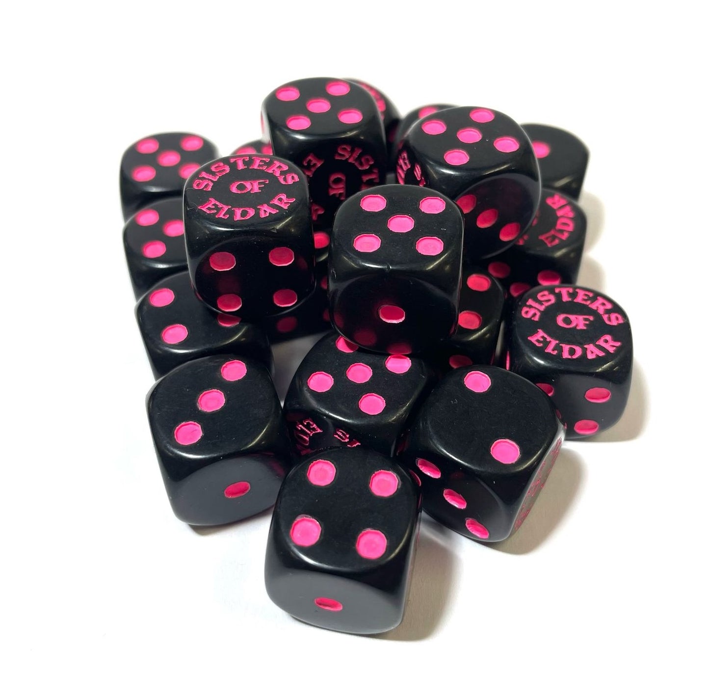Sisters of Eldar – Limited Edition Dice Set (Black & Pink, 16mm)